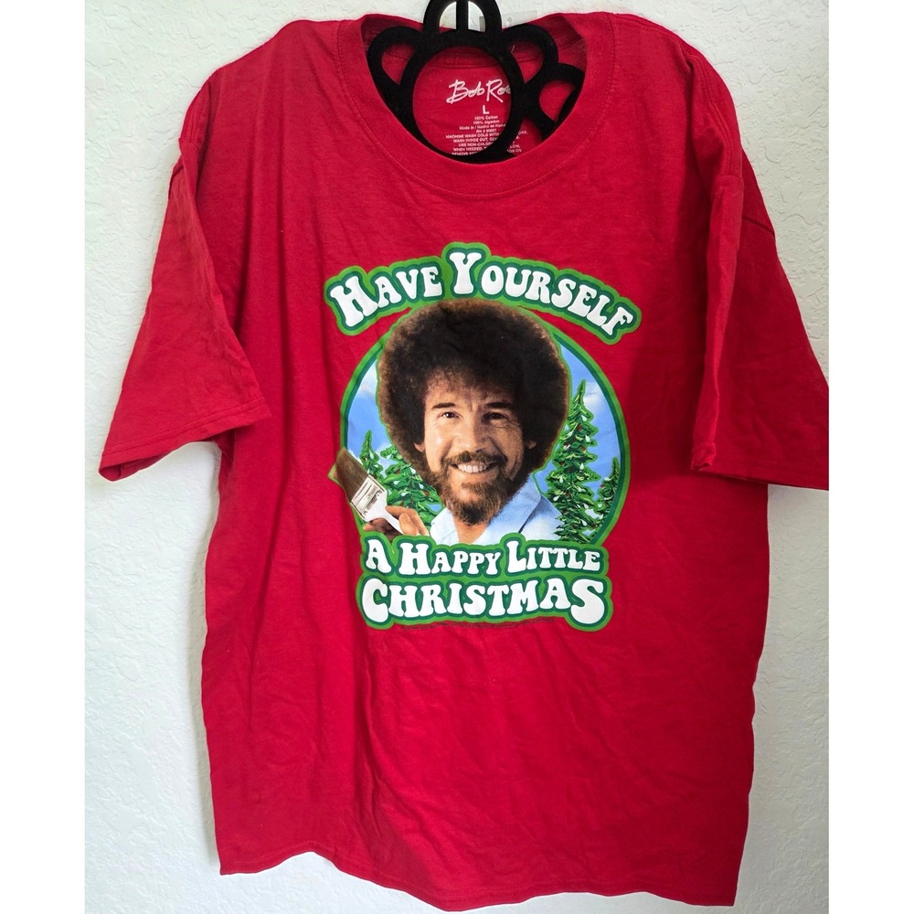 New Bob Ross Happy Little Christmas Red Graphic T-Shirt Mens Large Cotton Tee
